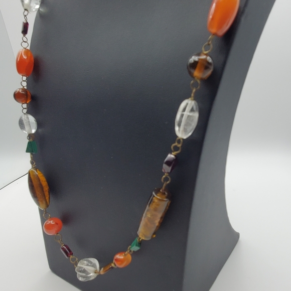 Stone & Glass Beaded Necklace Chain Link Artisan Vintage 33" L Malachite Quartz - Picture 7 of 9